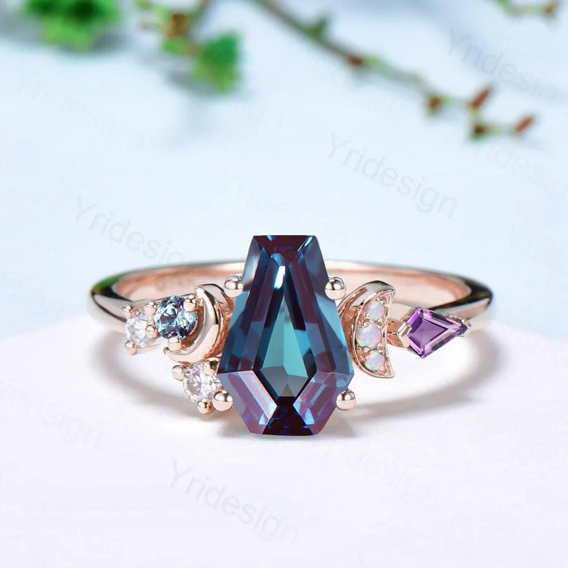 Unique coffin cut moon alexandrite ring, vintage rose gold engagement ring, cluster kite amethyst wedding ring, retro opal anniversary gift