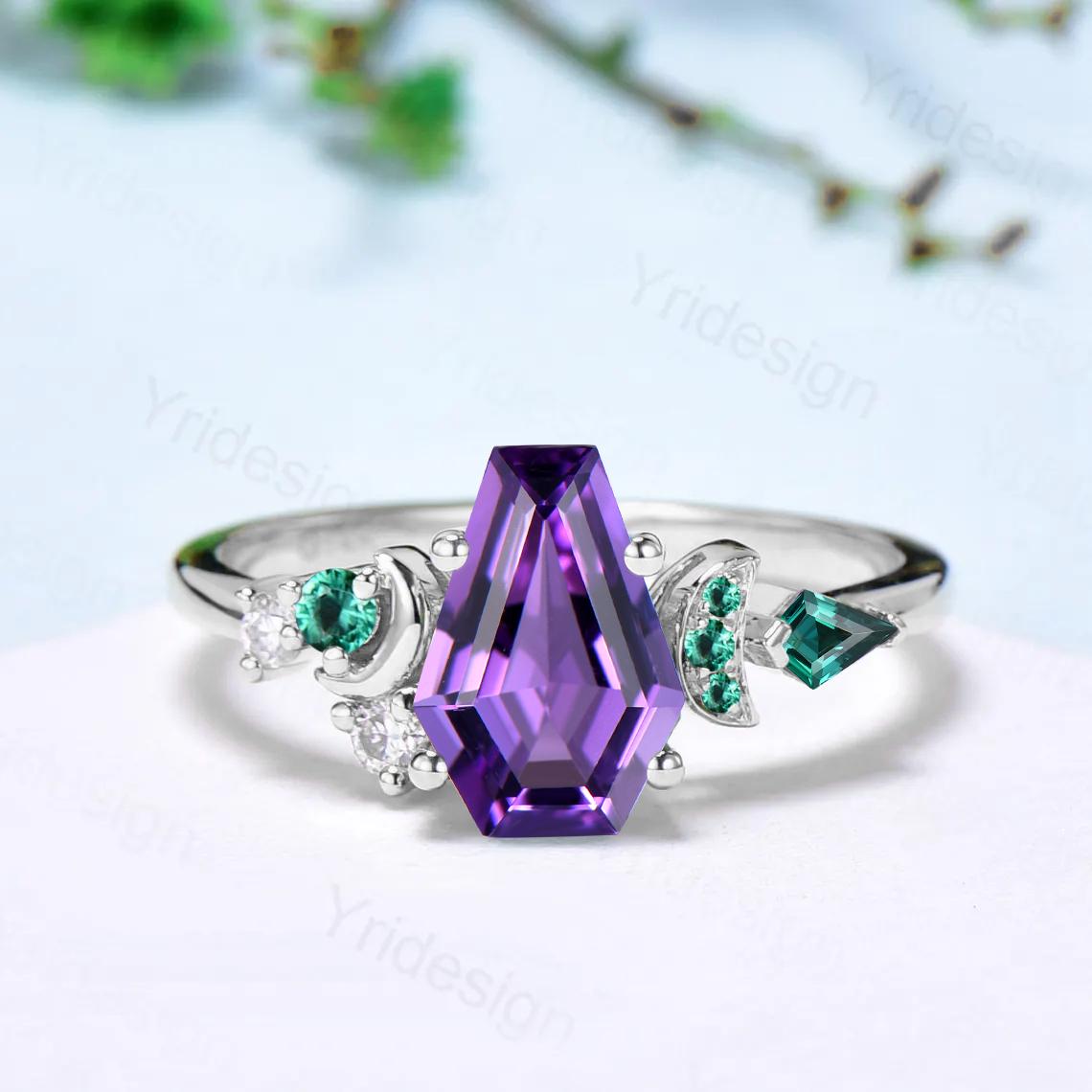 Unique moon amethyst ring, Coffin February birthstone engagement ring, cluster kite emerald wedding ring, perfect promise anniversary gift