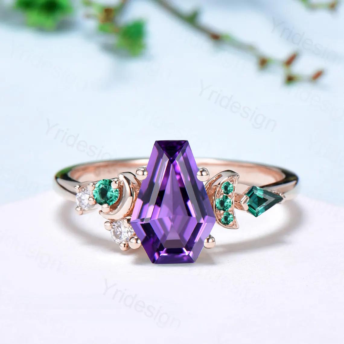 Unique moon amethyst ring, Coffin February birthstone engagement ring, cluster kite emerald wedding ring, perfect promise anniversary gift