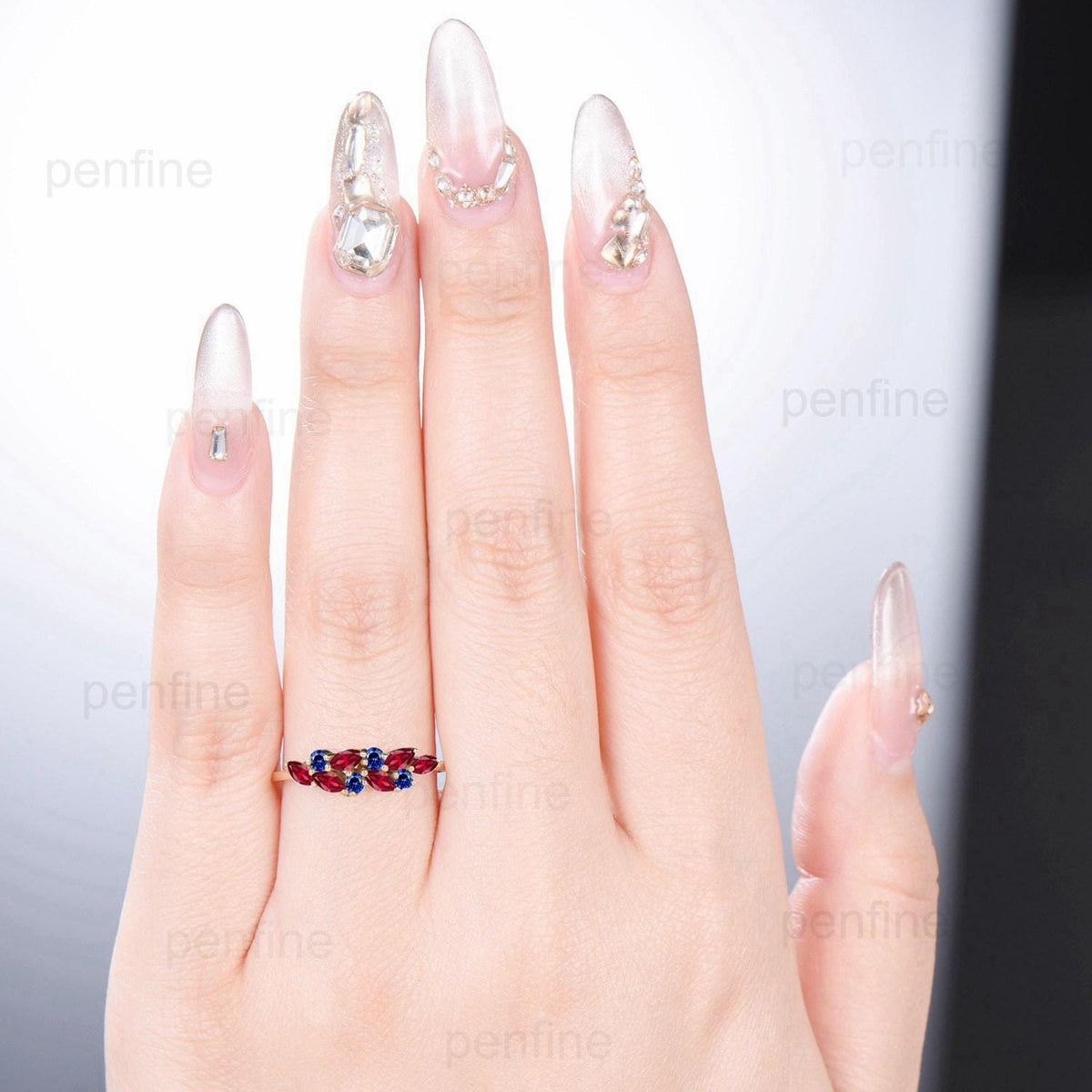 Ruby sapphire cluster wedding band Unique marquise cut ruby wedding band Vintage Stacking ring Solid rose gold ring Anniversary promise gift
