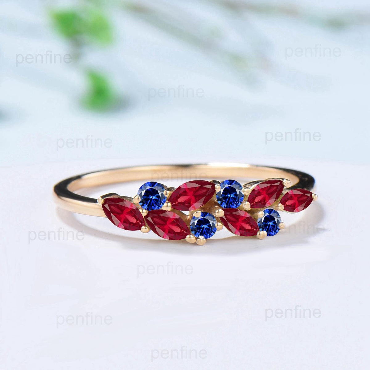 Ruby sapphire cluster wedding band Unique marquise cut ruby wedding band Vintage Stacking ring Solid rose gold ring Anniversary promise gift