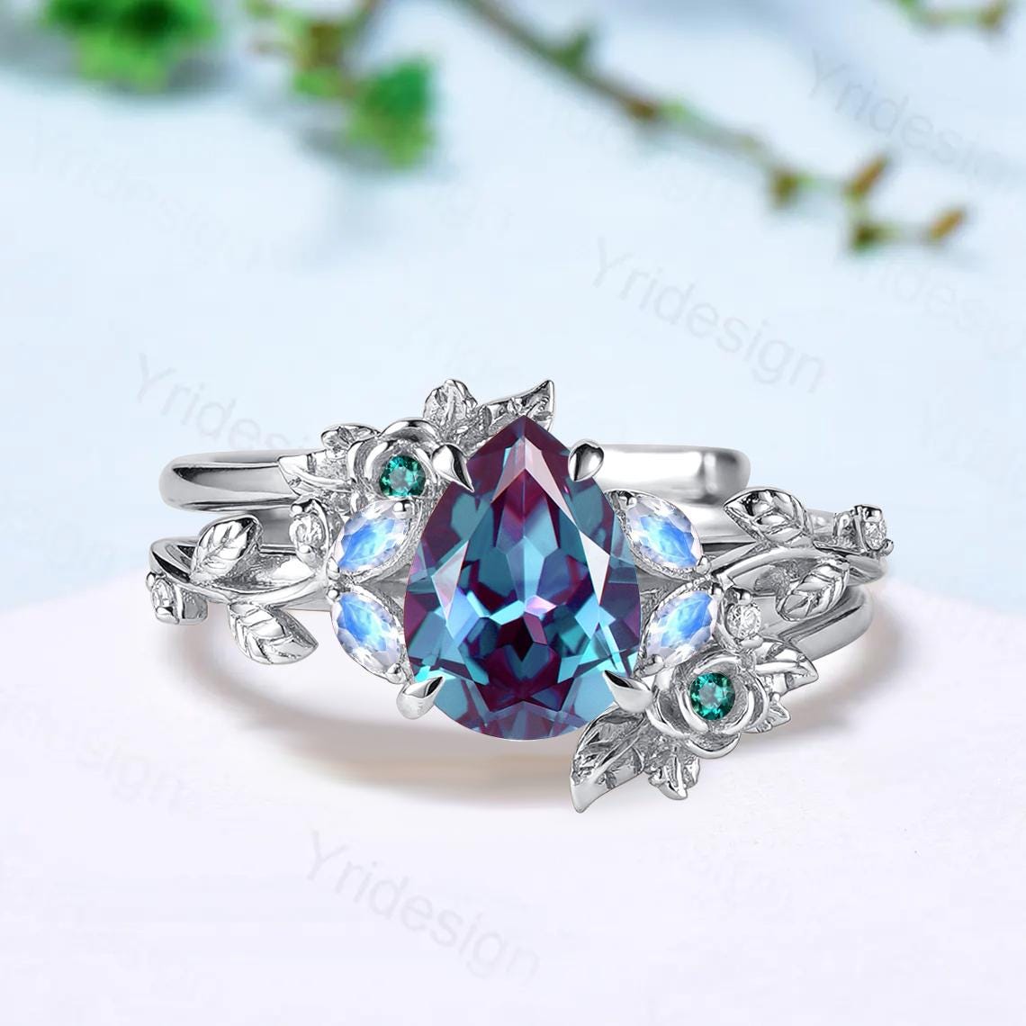 Nature inspired pear shaped alexandrite engagement ring floral leaf vine marquise moonstone wedding set art deco bridal anniversary ring set