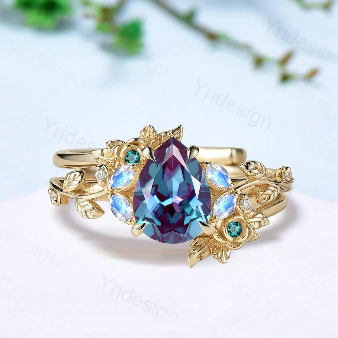 Nature inspired pear shaped alexandrite engagement ring floral leaf vine marquise moonstone wedding set art deco bridal anniversary ring set