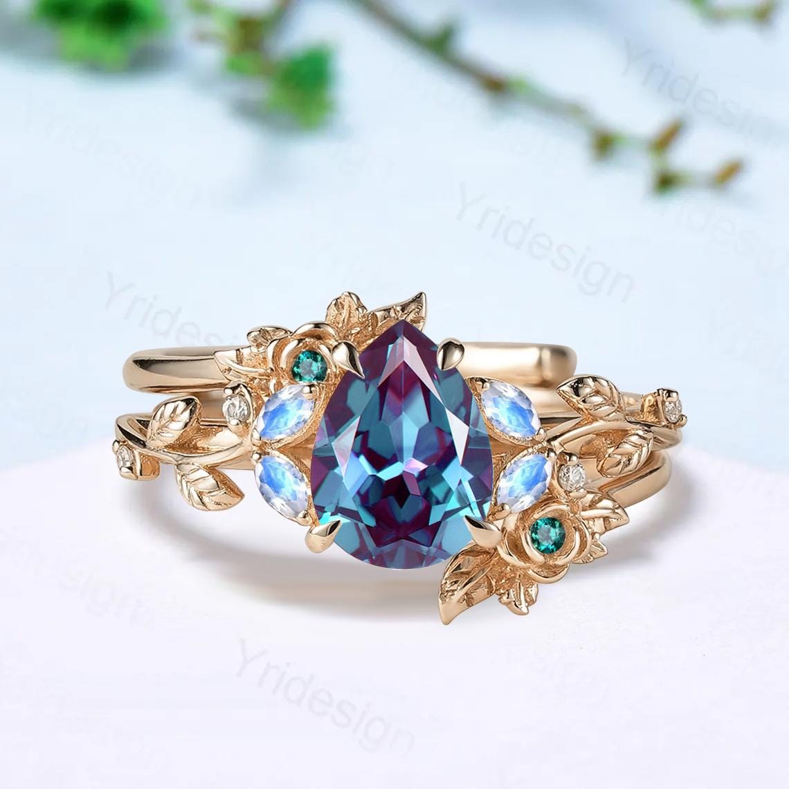 Nature inspired pear shaped alexandrite engagement ring floral leaf vine marquise moonstone wedding set art deco bridal anniversary ring set