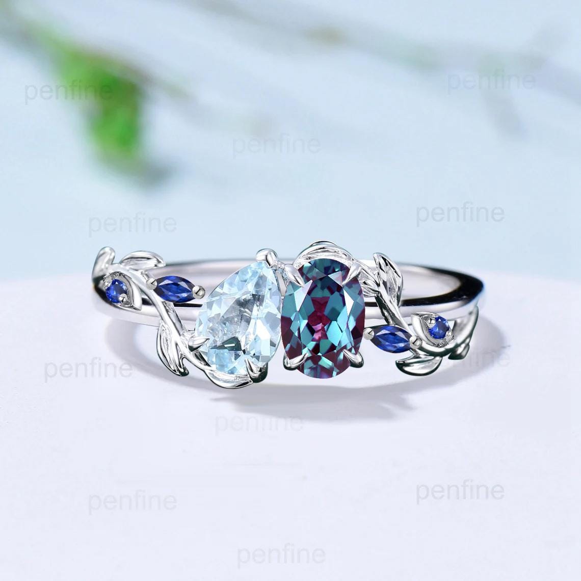 Nature Inspired alexandrite engagement ring Unique twig vine pear shaped aquamarine engagement ring cluster sapphire wedding ring for women