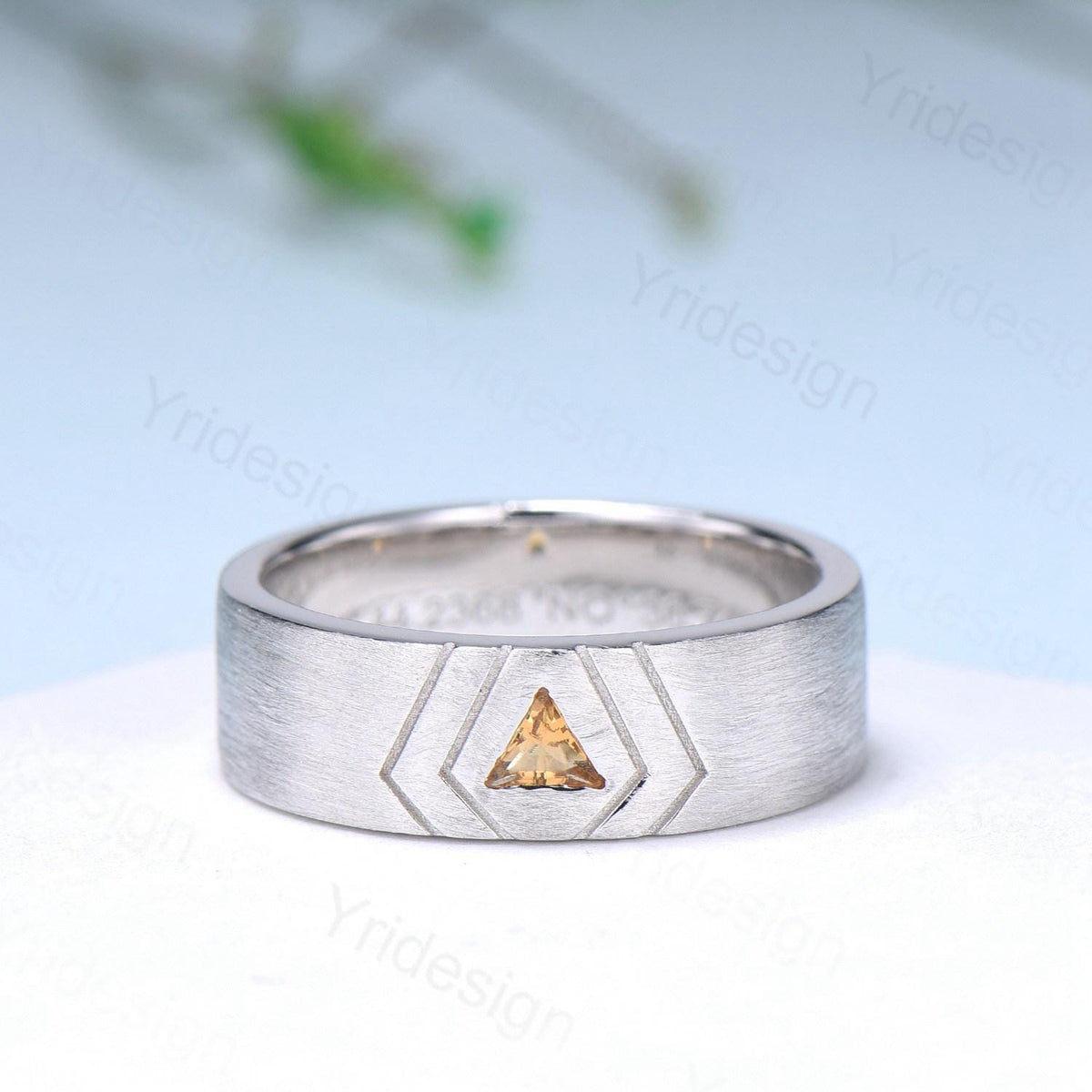 6mm Men's Ring Trillion Citrine Brushed Finished Band Solitaire Wedding Band Silver White Gold  Unique Citrine Anniversary Band Gift For Men