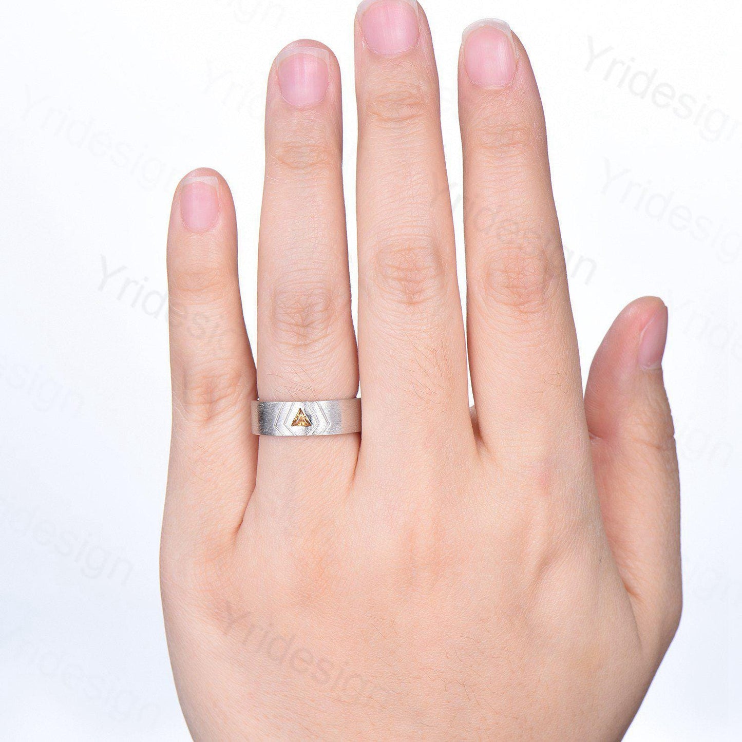 6mm Men's Ring Trillion Citrine Brushed Finished Band Solitaire Wedding Band Silver White Gold  Unique Citrine Anniversary Band Gift For Men