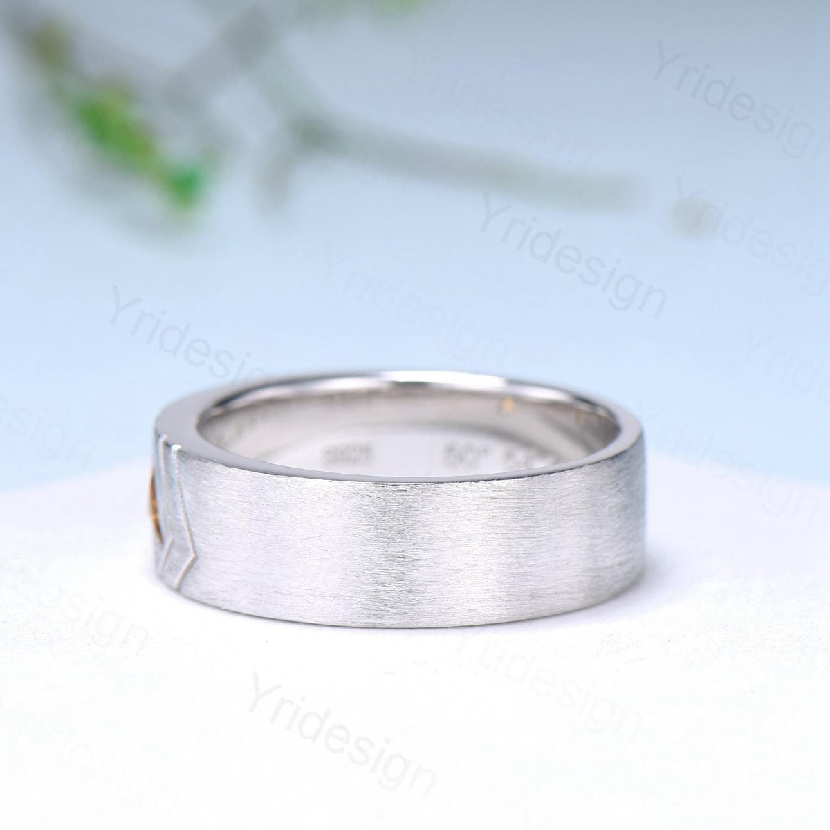 6mm Men's Ring Trillion Citrine Brushed Finished Band Solitaire Wedding Band Silver White Gold  Unique Citrine Anniversary Band Gift For Men