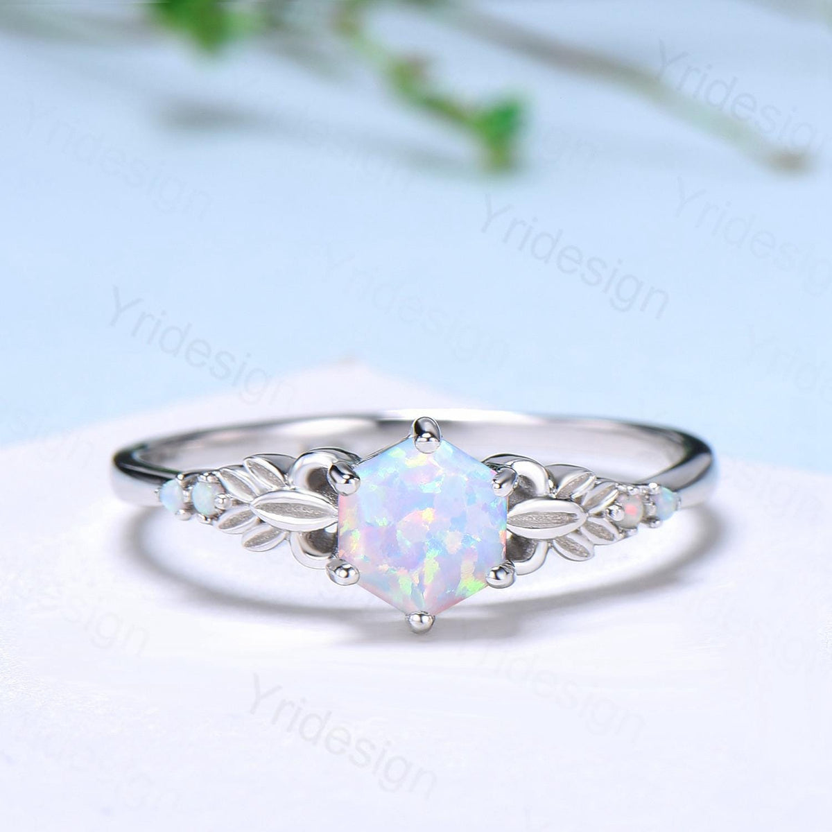 Dainty Fire Opal Ring Natural Inspired Hexagon Cut White Opal Leaf Engagement Ring White Gold Celtic Leaf Vine Bridal Anniversary Ring Women