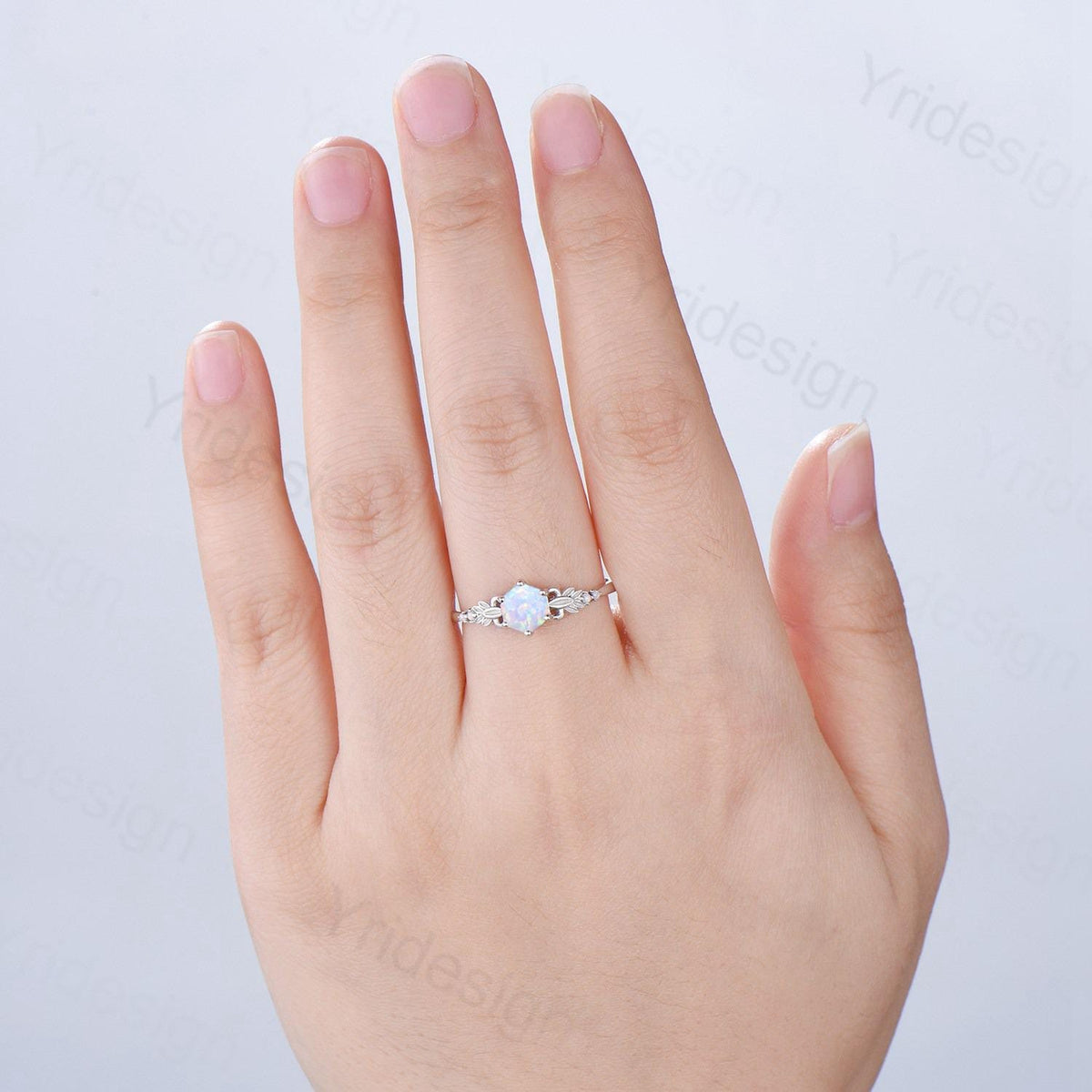 Dainty Fire Opal Ring Natural Inspired Hexagon Cut White Opal Leaf Engagement Ring White Gold Celtic Leaf Vine Bridal Anniversary Ring Women