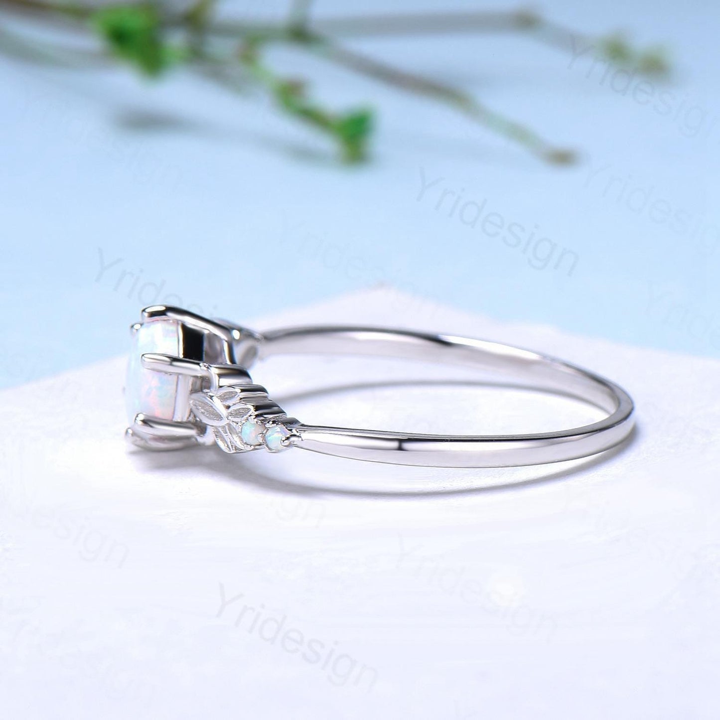 Dainty Fire Opal Ring Natural Inspired Hexagon Cut White Opal Leaf Engagement Ring White Gold Celtic Leaf Vine Bridal Anniversary Ring Women