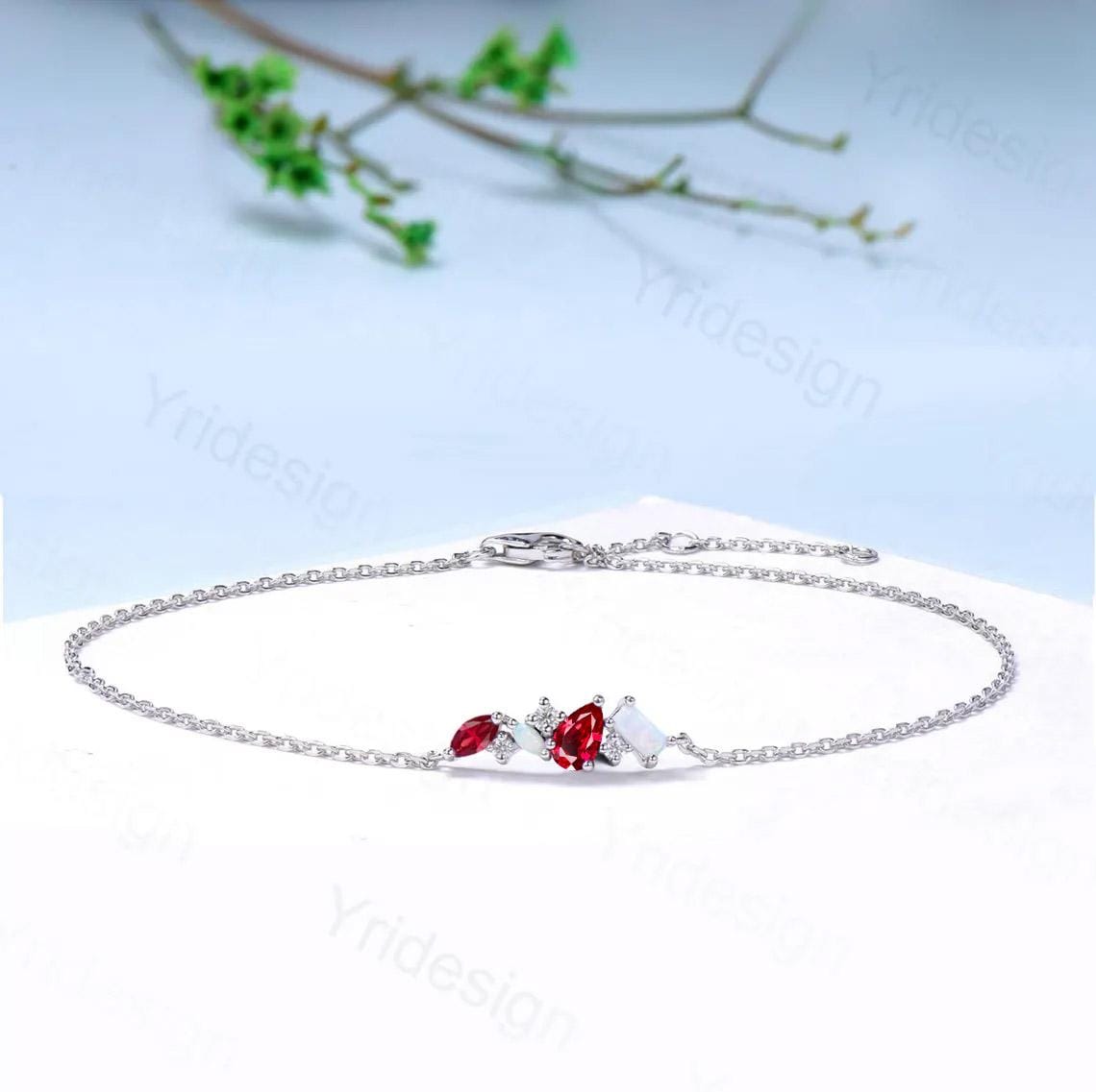 Elegant Pear Shaped Lab Ruby Bracelet Multi-Stone Baguette White Fire Opal Lobster Claw Bracelet Silver Gold Art Deco Anniversary Gift Women