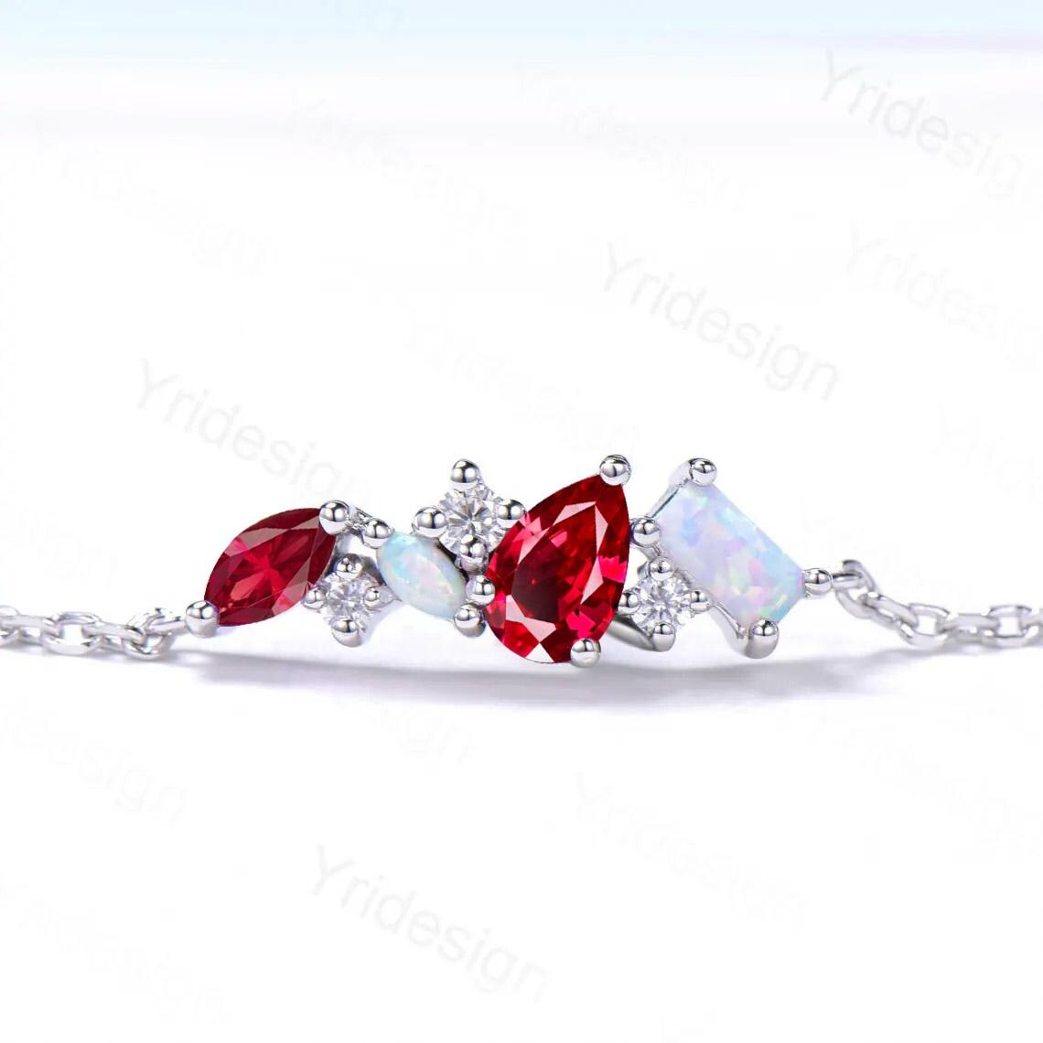 Elegant Pear Shaped Lab Ruby Bracelet Multi-Stone Baguette White Fire Opal Lobster Claw Bracelet Silver Gold Art Deco Anniversary Gift Women