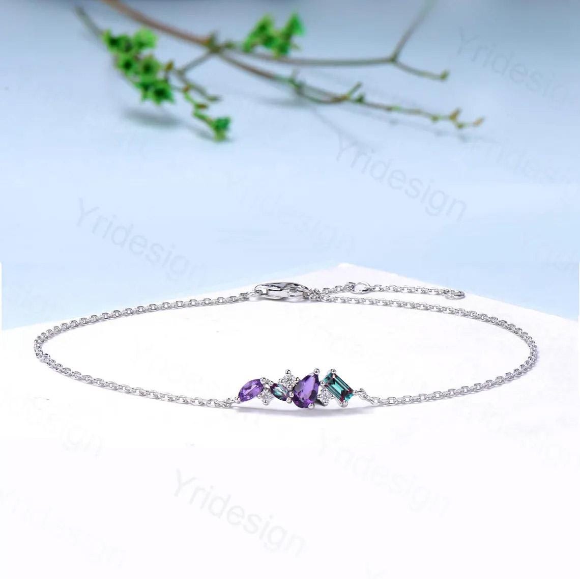 Elegant Pear Shaped Amethyst Bracelet Multi-Stone Baguette Alexandrite Lobster Claw Bracelet Silver Gold Art Deco Anniversary Gift for Women
