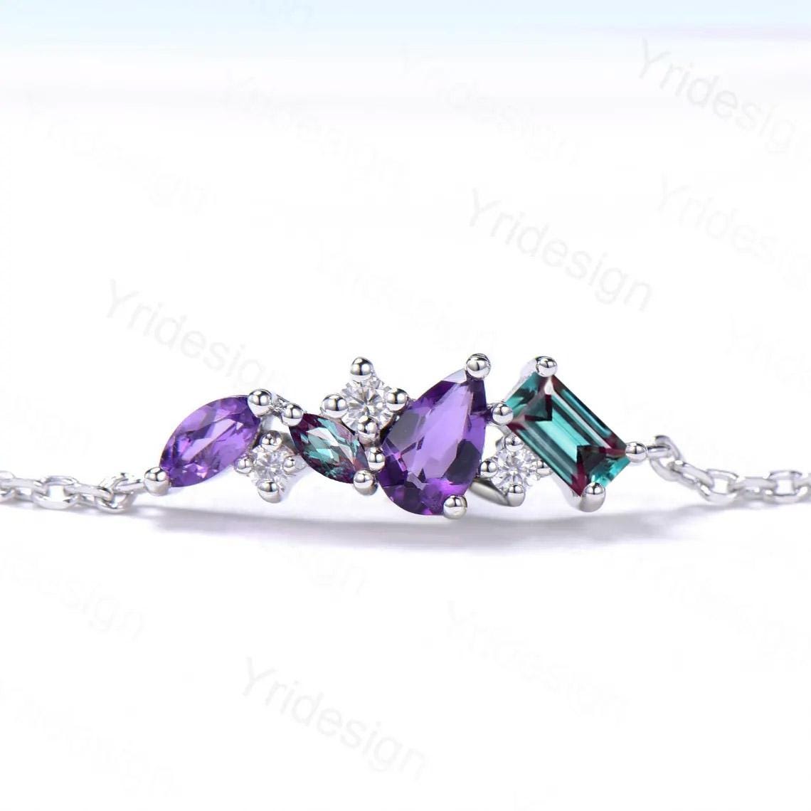 Elegant Pear Shaped Amethyst Bracelet Multi-Stone Baguette Alexandrite Lobster Claw Bracelet Silver Gold Art Deco Anniversary Gift for Women