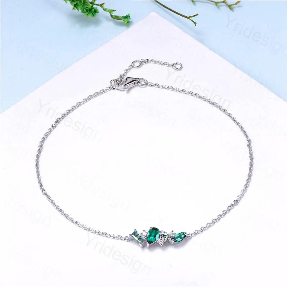 Elegant Pear Shaped Emerald Bracelet Multi-Stone Baguette Green Moss Agate Lobster Claw Bracelet Silver Gold Art Deco Anniversary Gift Women