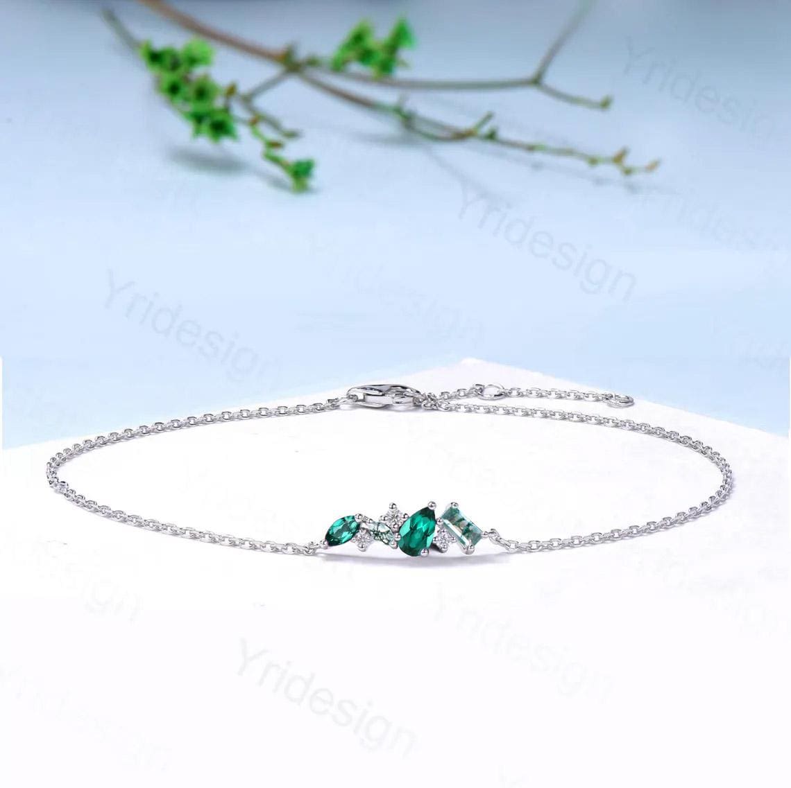 Elegant Pear Shaped Emerald Bracelet Multi-Stone Baguette Green Moss Agate Lobster Claw Bracelet Silver Gold Art Deco Anniversary Gift Women