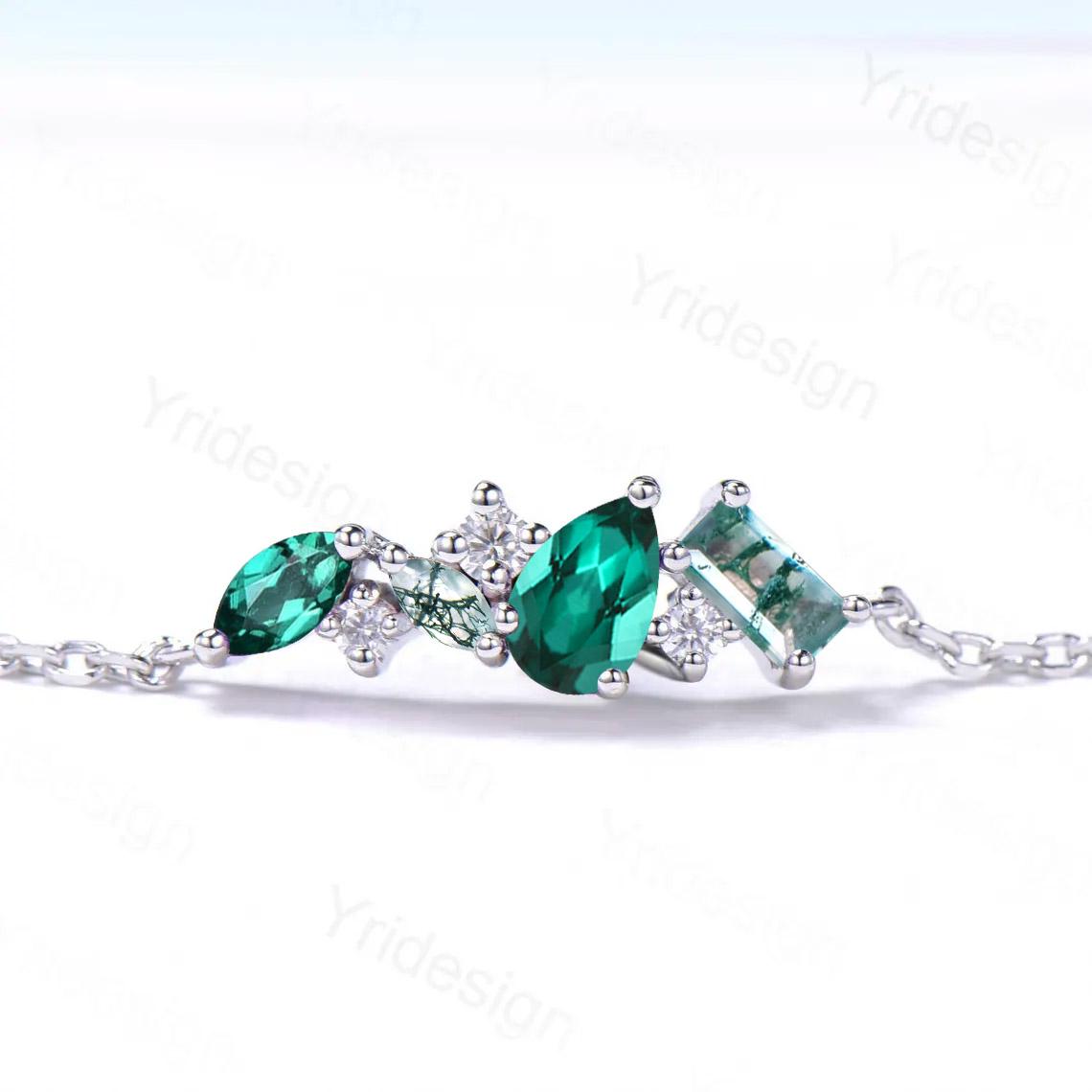 Elegant Pear Shaped Emerald Bracelet Multi-Stone Baguette Green Moss Agate Lobster Claw Bracelet Silver Gold Art Deco Anniversary Gift Women
