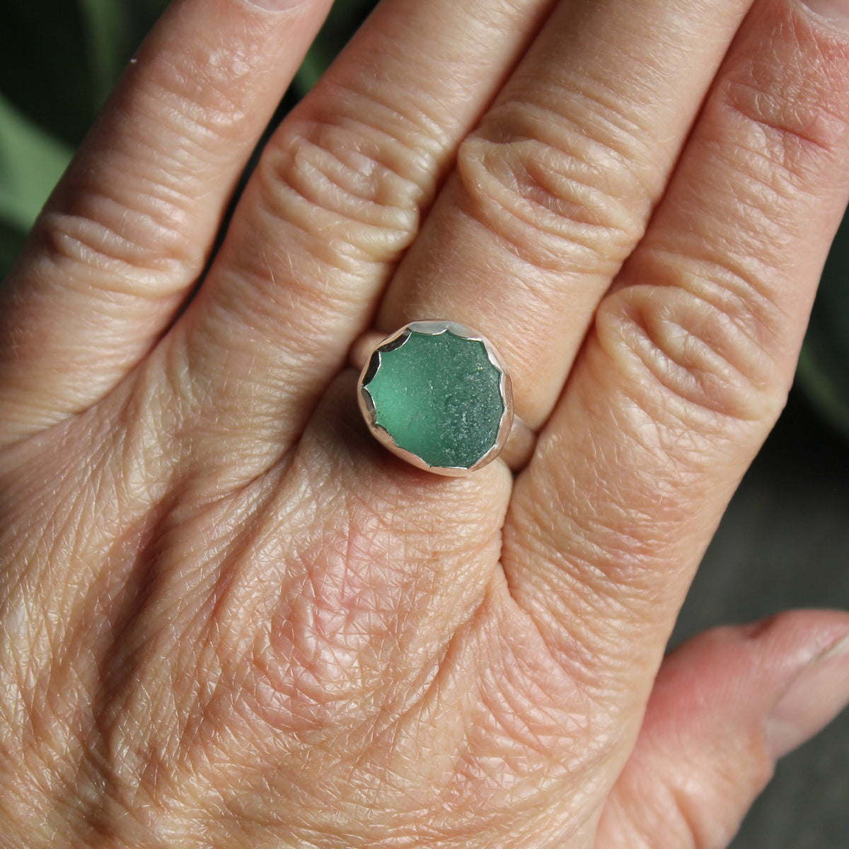 Chunky Teal Sea Glass Statement Ring | Sterling Silver | Handmade | Size 8 1/2