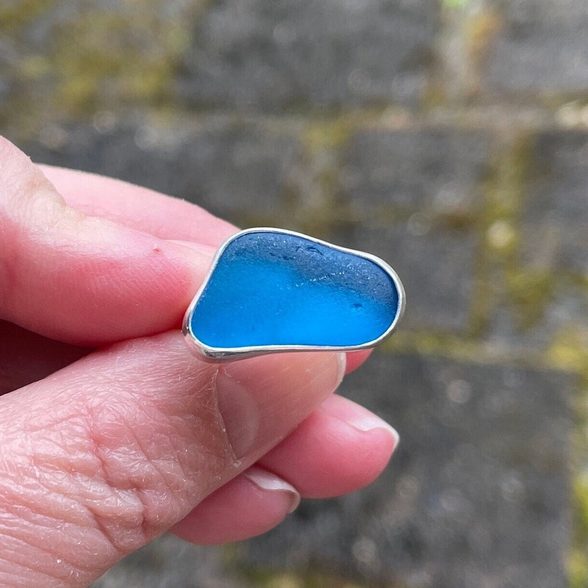 Dark Turquoise Blue Sea Glass Ring | Sterling Silver | Handmade | Size 4 3/4
