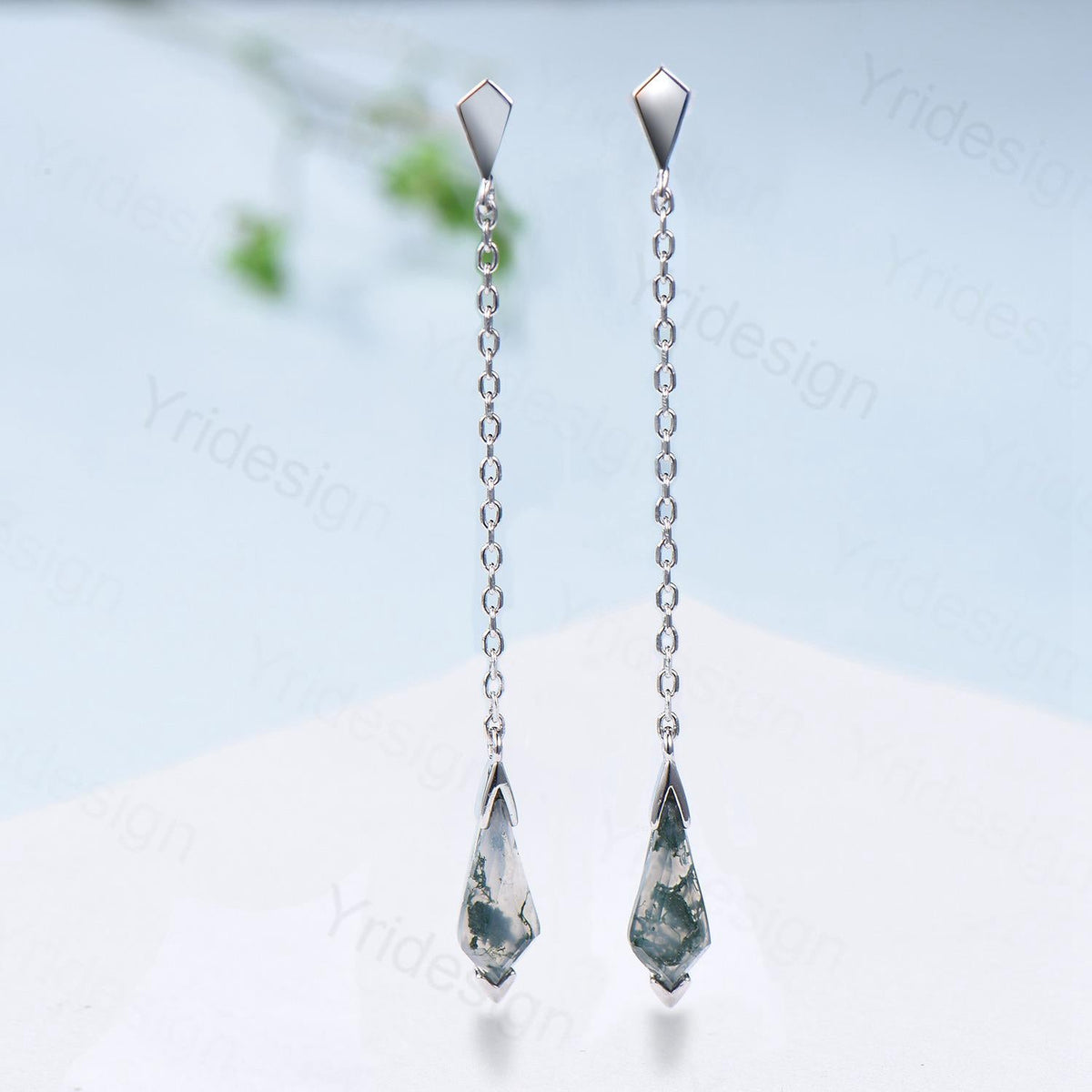 Kite Cut Moss Agate 14K Gold Dangle Earrings, Fine Jewelry