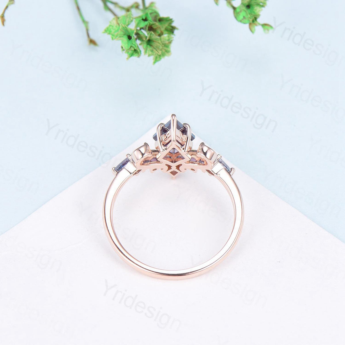 Kite Cut Alexandrite Engagement Ring Rose Gold Art Deco Air Fly Wedding Ring
