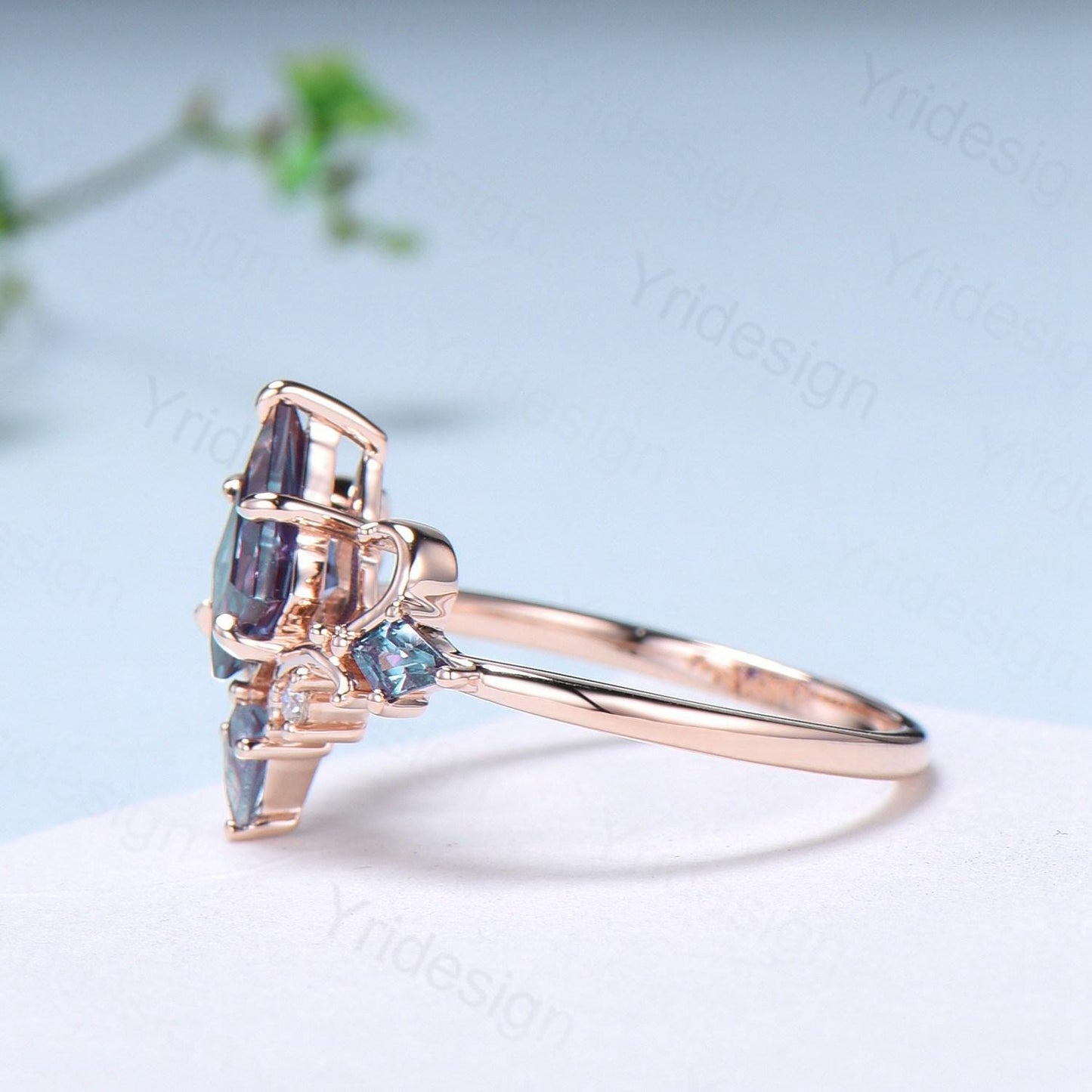 Kite Cut Alexandrite Engagement Ring Rose Gold Art Deco Air Fly Wedding Ring