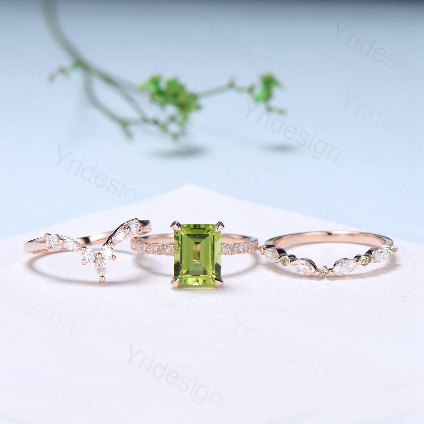 Vintage Emerald Cut Peridot Engagement Ring Set Hidden Halo Basket 3CT Peridot Eternity Bridal Ring Women Rose Gold Anniversary Wedding Set