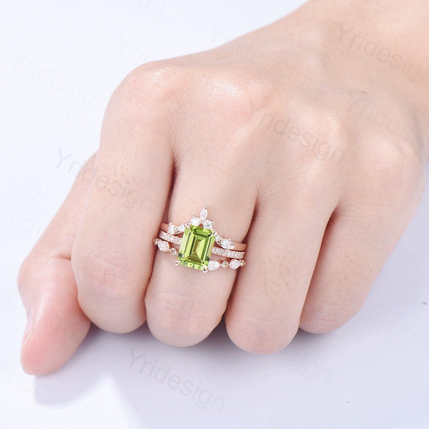 Vintage Emerald Cut Peridot Engagement Ring Set Hidden Halo Basket 3CT Peridot Eternity Bridal Ring Women Rose Gold Anniversary Wedding Set