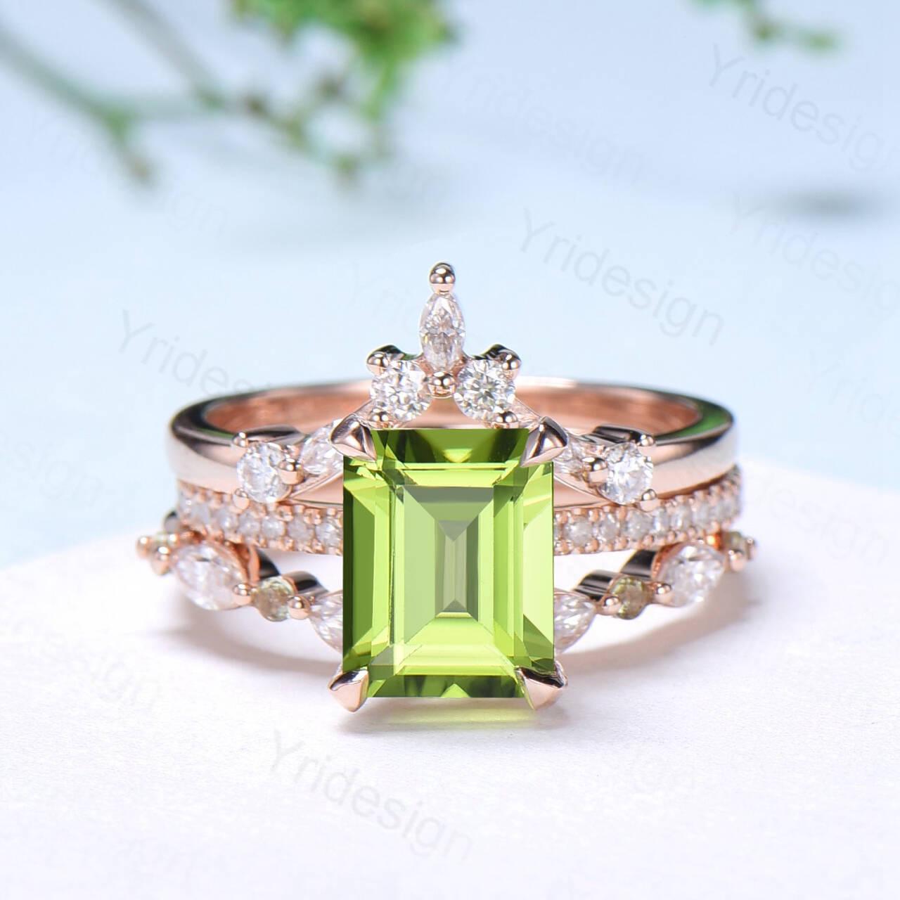 Vintage Emerald Cut Peridot Engagement Ring Set Hidden Halo Basket 3CT Peridot Eternity Bridal Ring Women Rose Gold Anniversary Wedding Set
