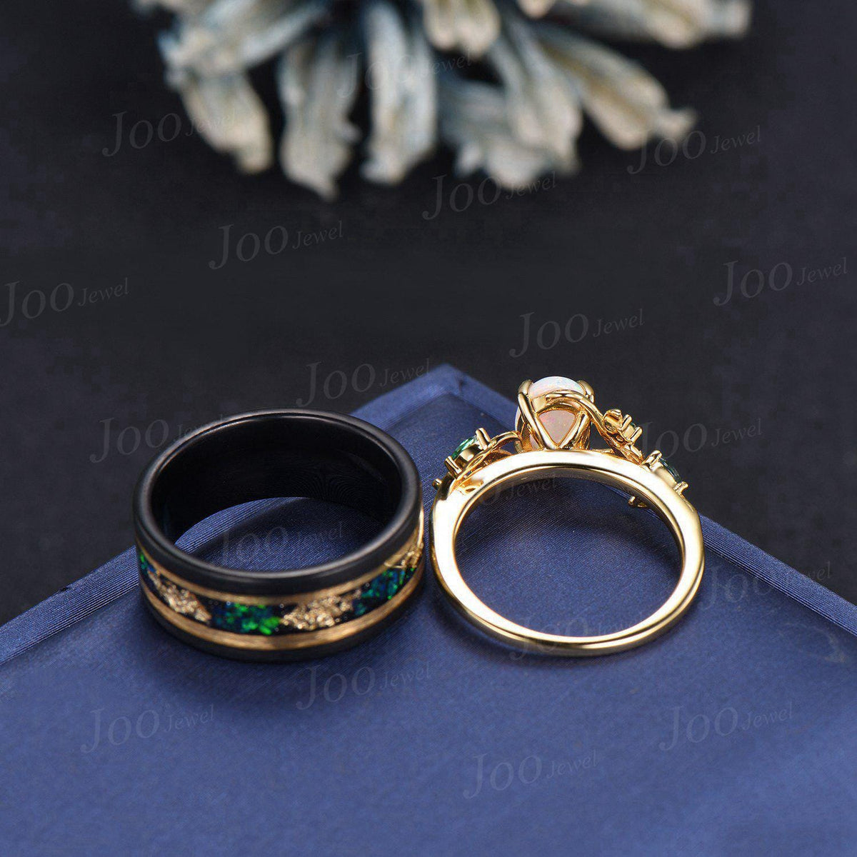 1.5ct Oval Cut White Opal Engagement Ring Set His&Hers Couple Ring Set Men's Tungsten Wedding Ring Yellow Gold Promise Ring Anniversary Gift