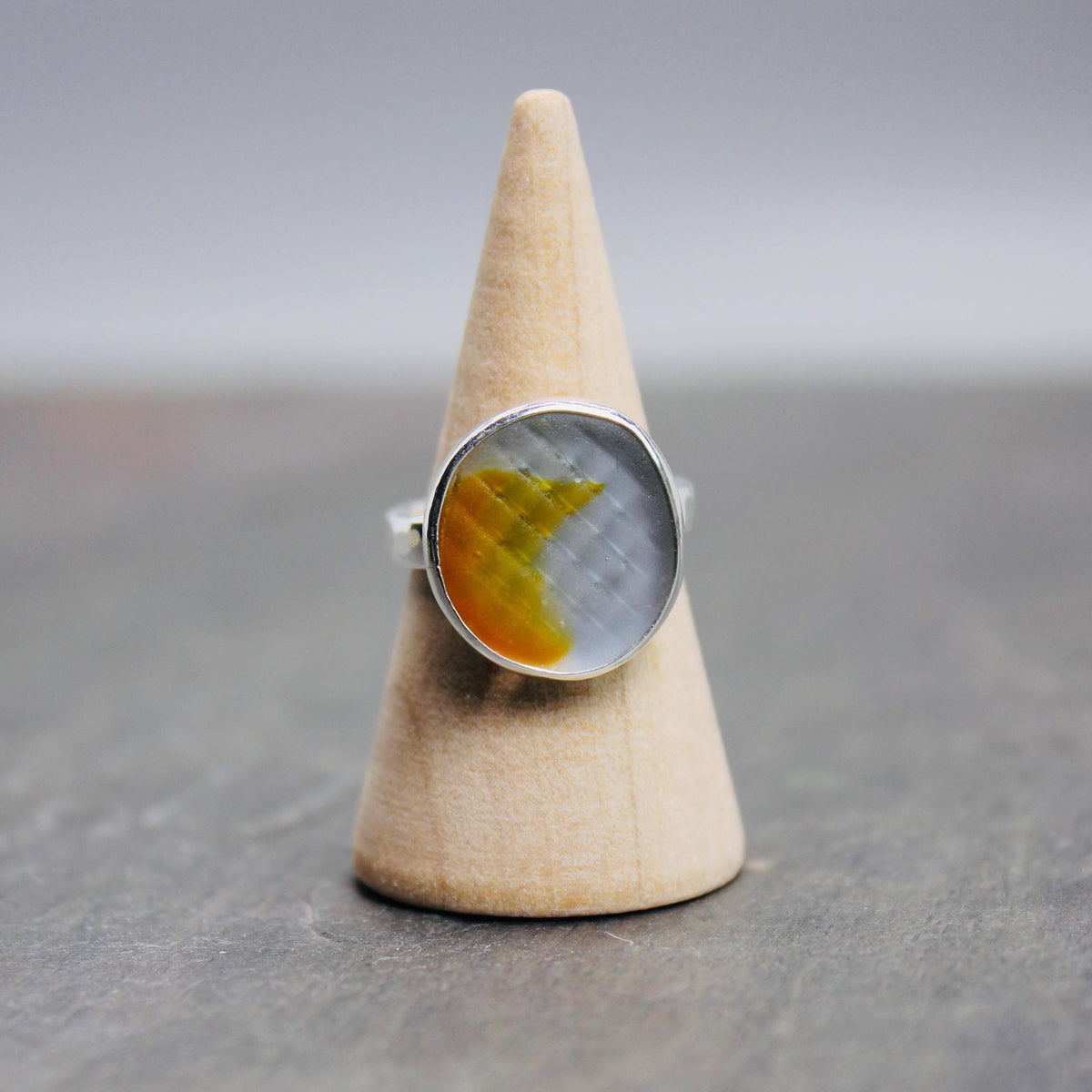 Aqua and Orange Japanese Ohajiki Marble Sea Glass Ring | Sterling Silver | Size 6