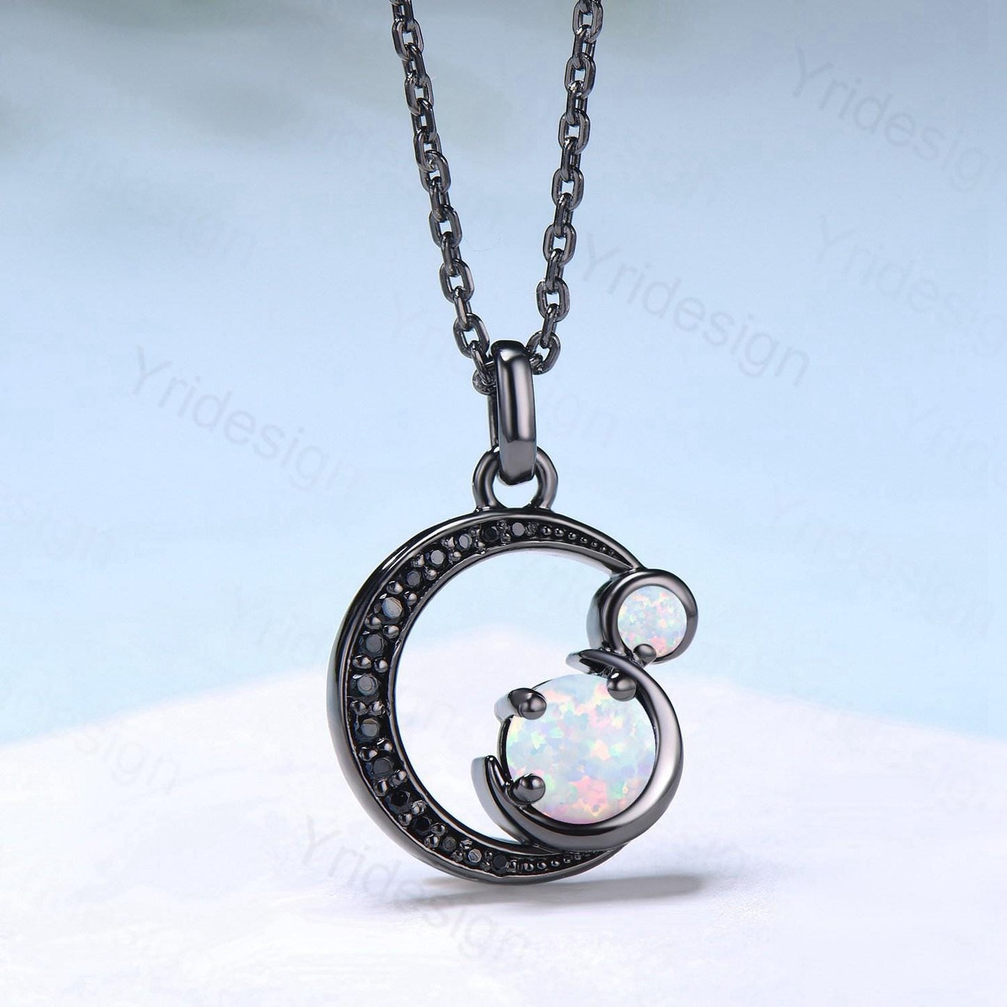 Unique Black Gold White Opal Necklace Magic Crescent Moon October Birthstone Pendant Necklace Halloween Gothic Anniversary Gift for Daughter