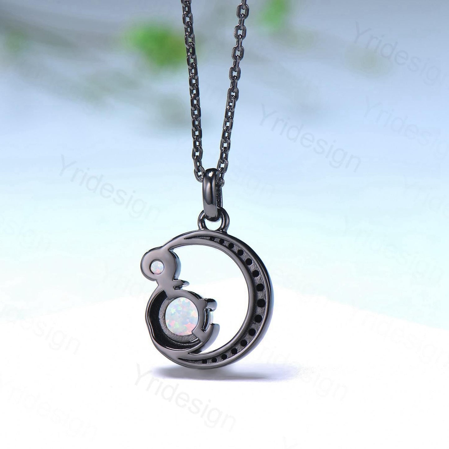 Unique Black Gold White Opal Necklace Magic Crescent Moon October Birthstone Pendant Necklace Halloween Gothic Anniversary Gift for Daughter