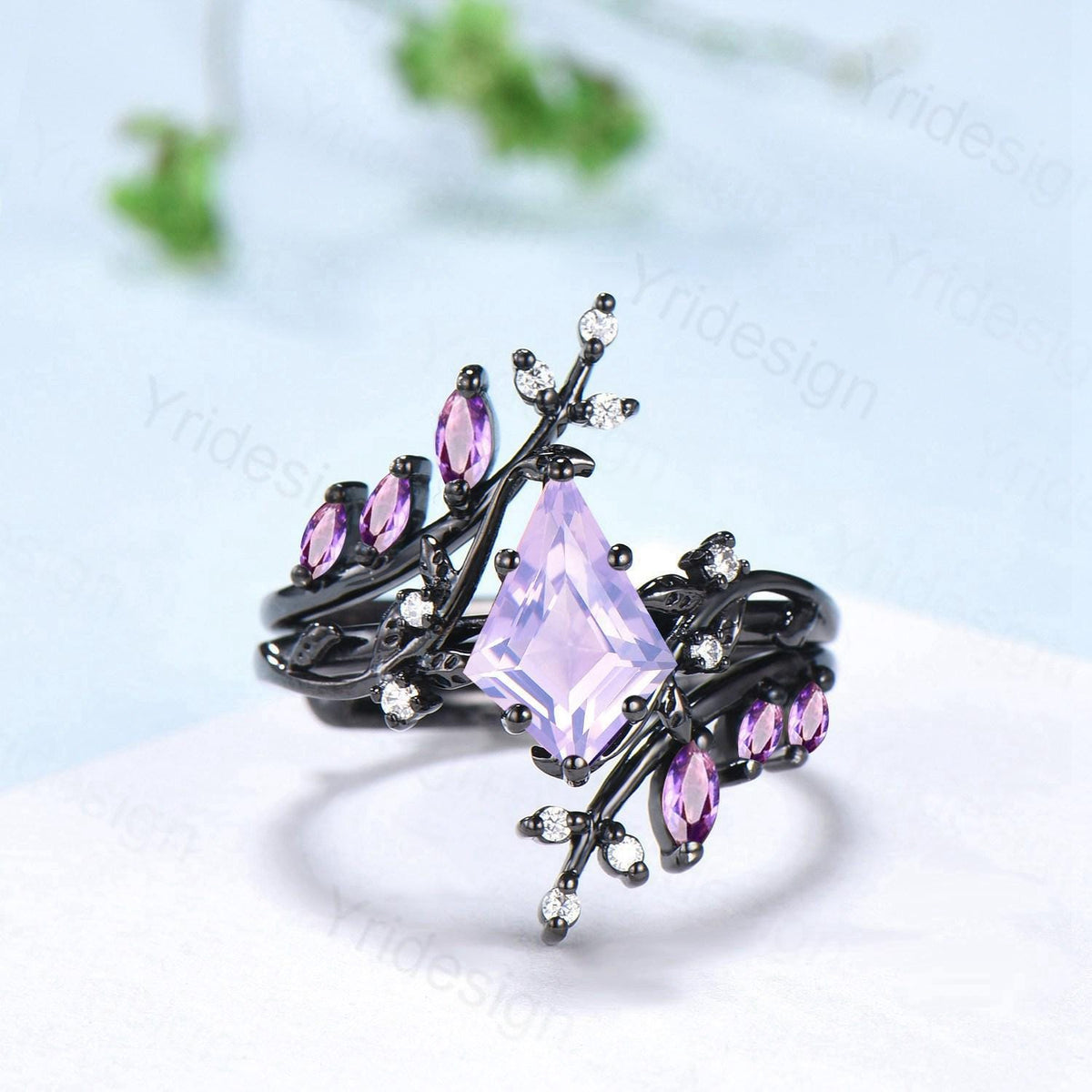 Nature Inspired Kite cut lavender amethyst ring set black gold unique leaf branch marquise cut amethyst  engagement ring bridal wedding set
