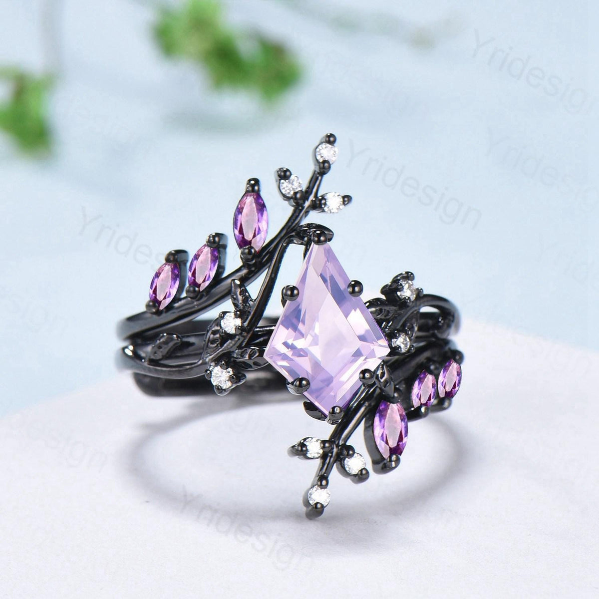 Nature Inspired Kite cut lavender amethyst ring set black gold unique leaf branch marquise cut amethyst  engagement ring bridal wedding set