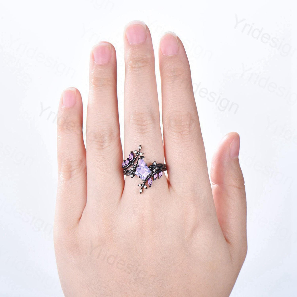 Nature Inspired Kite cut lavender amethyst ring set black gold unique leaf branch marquise cut amethyst  engagement ring bridal wedding set