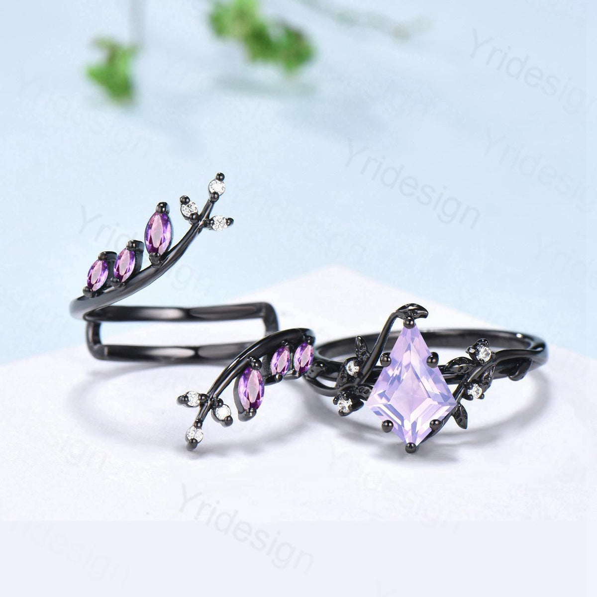 Nature Inspired Kite cut lavender amethyst ring set black gold unique leaf branch marquise cut amethyst  engagement ring bridal wedding set