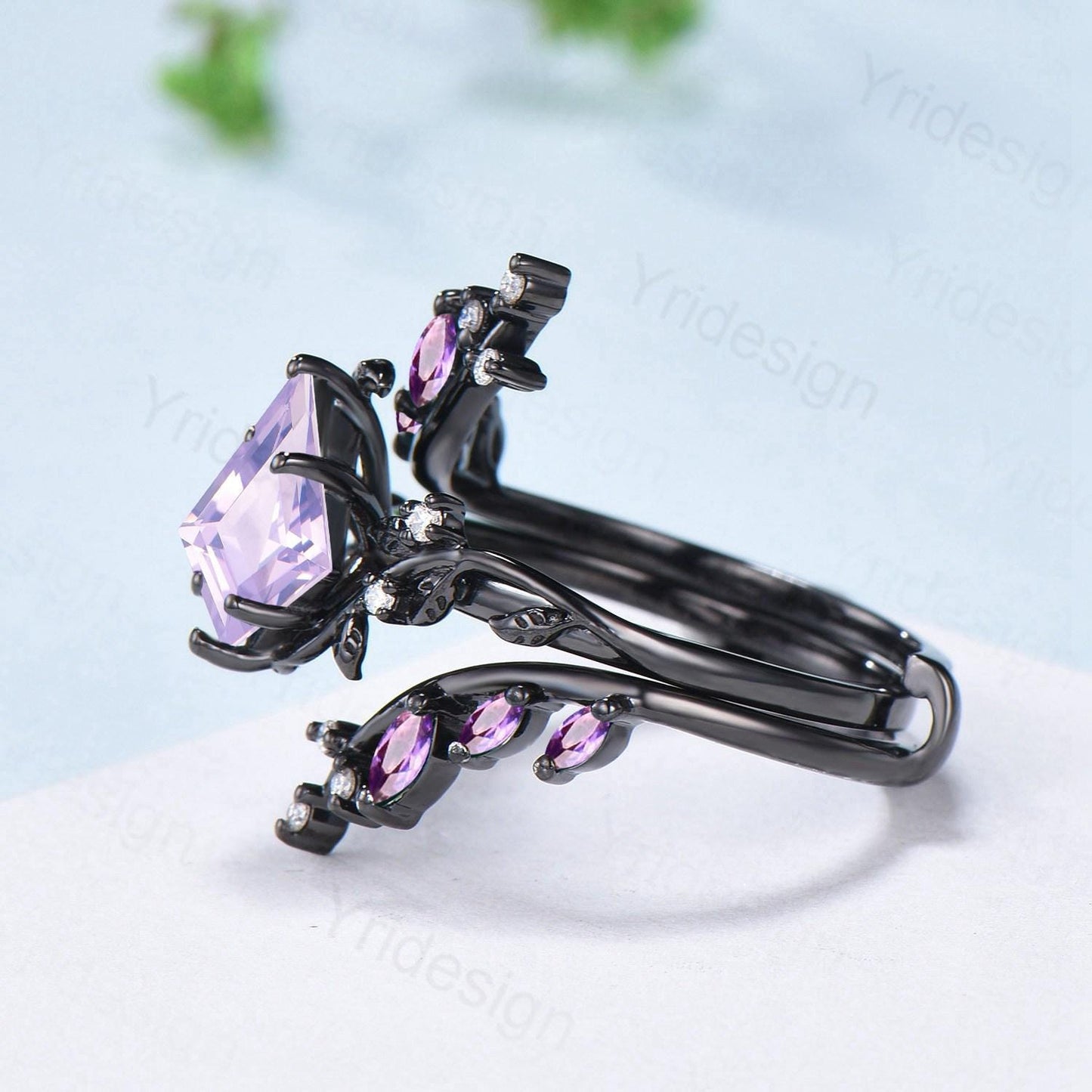 Nature Inspired Kite cut lavender amethyst ring set black gold unique leaf branch marquise cut amethyst  engagement ring bridal wedding set