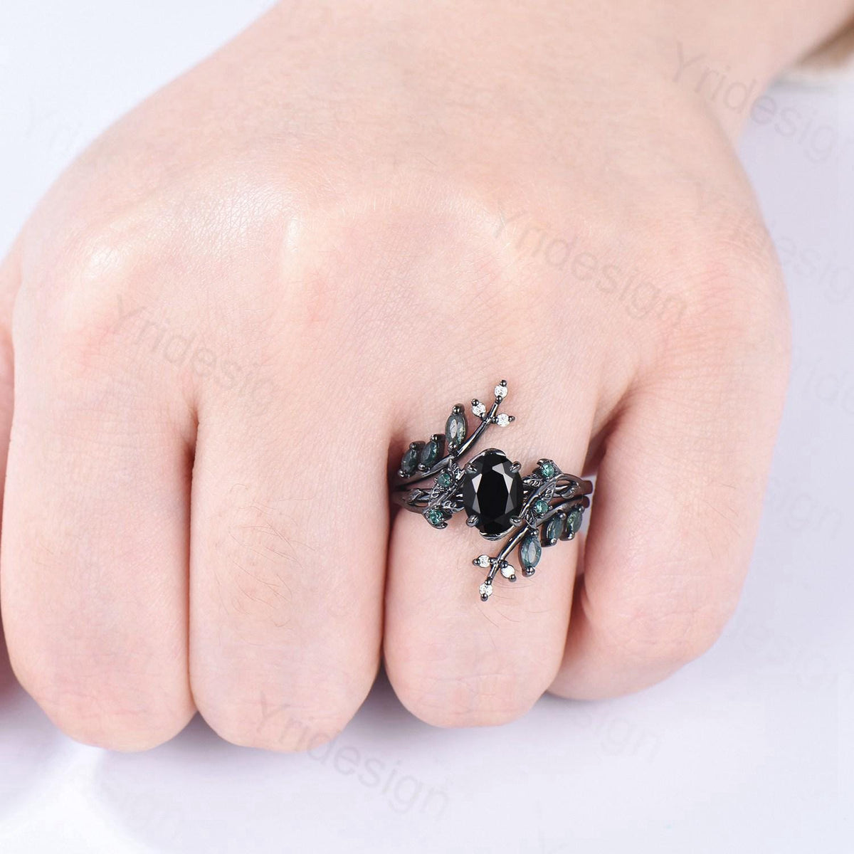 Unique gothic black gold onyx engagement ring set leaf nature inspired emerald wedding ring set twig vine marquise moss agate bridal set