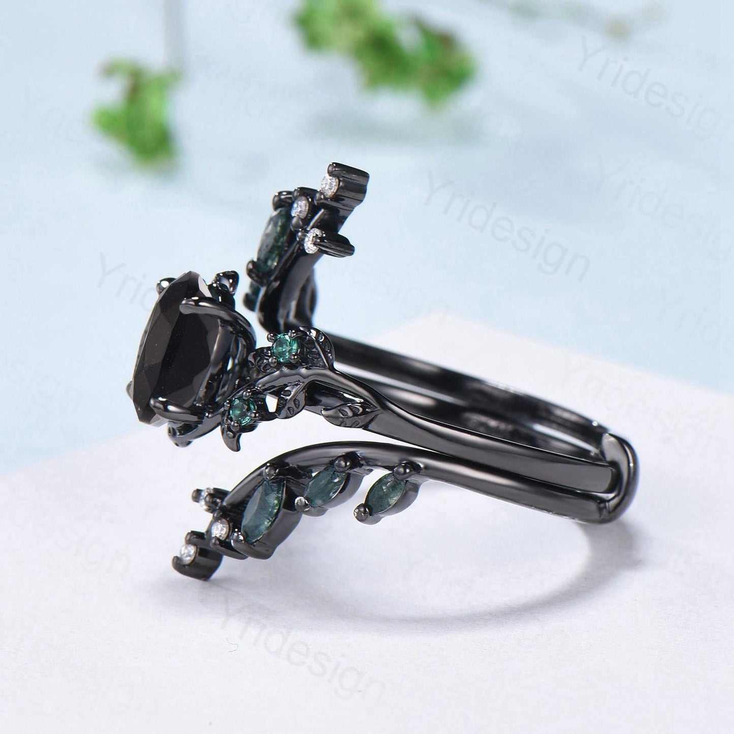 Unique gothic black gold onyx engagement ring set leaf nature inspired emerald wedding ring set twig vine marquise moss agate bridal set
