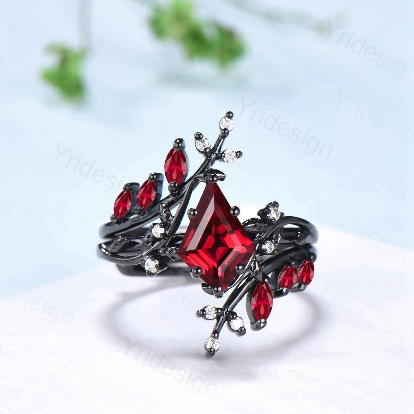 Unique gothic kite cut ruby engagement ring set black gold cluster engagement ring leaf branch nature inspired marquise ruby wedding set