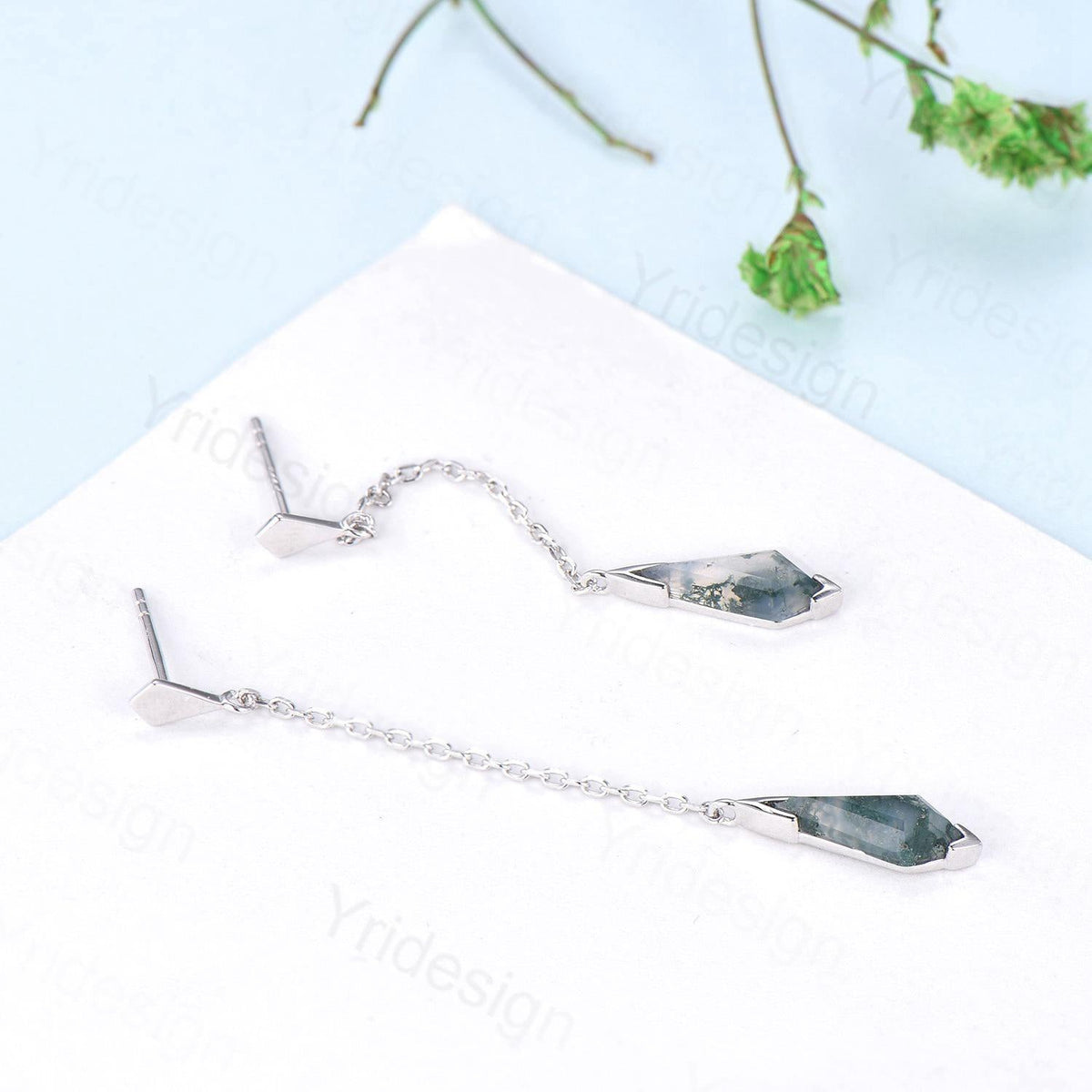 Kite Cut Moss Agate 14K Gold Dangle Earrings, Fine Jewelry