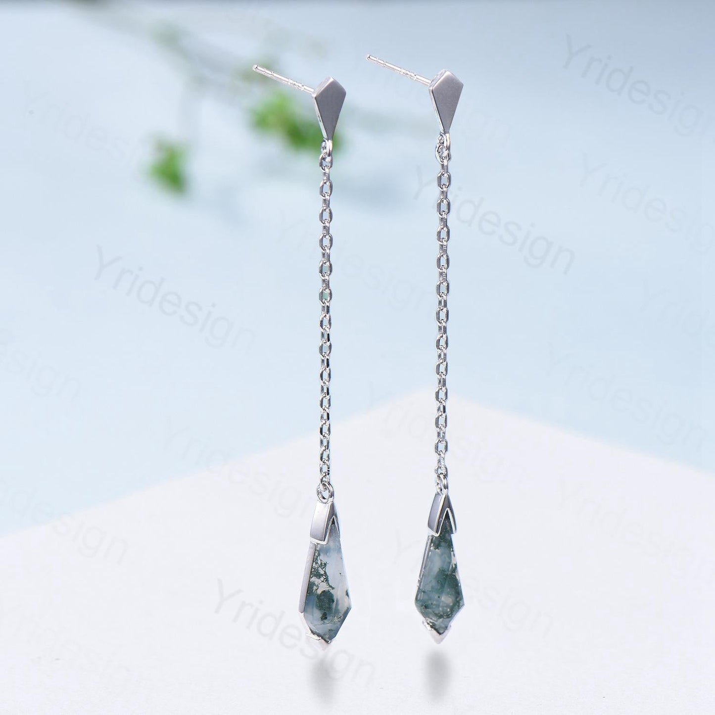 Kite Cut Moss Agate 14K Gold Dangle Earrings, Fine Jewelry