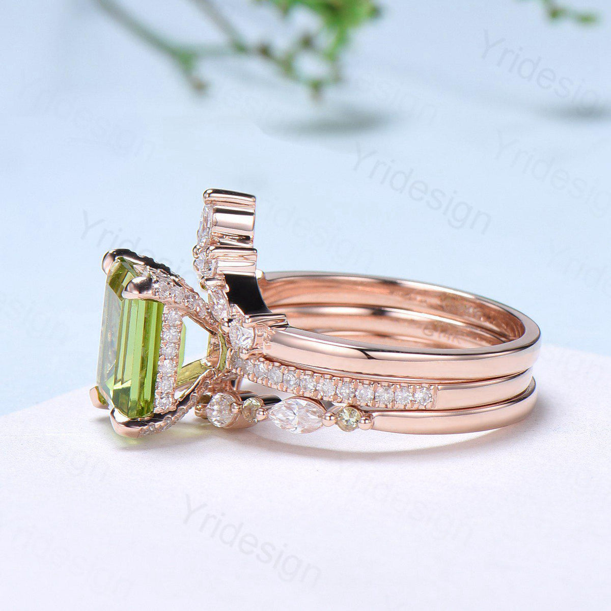 Vintage Emerald Cut Peridot Engagement Ring Set Hidden Halo Basket 3CT Peridot Eternity Bridal Ring Women Rose Gold Anniversary Wedding Set