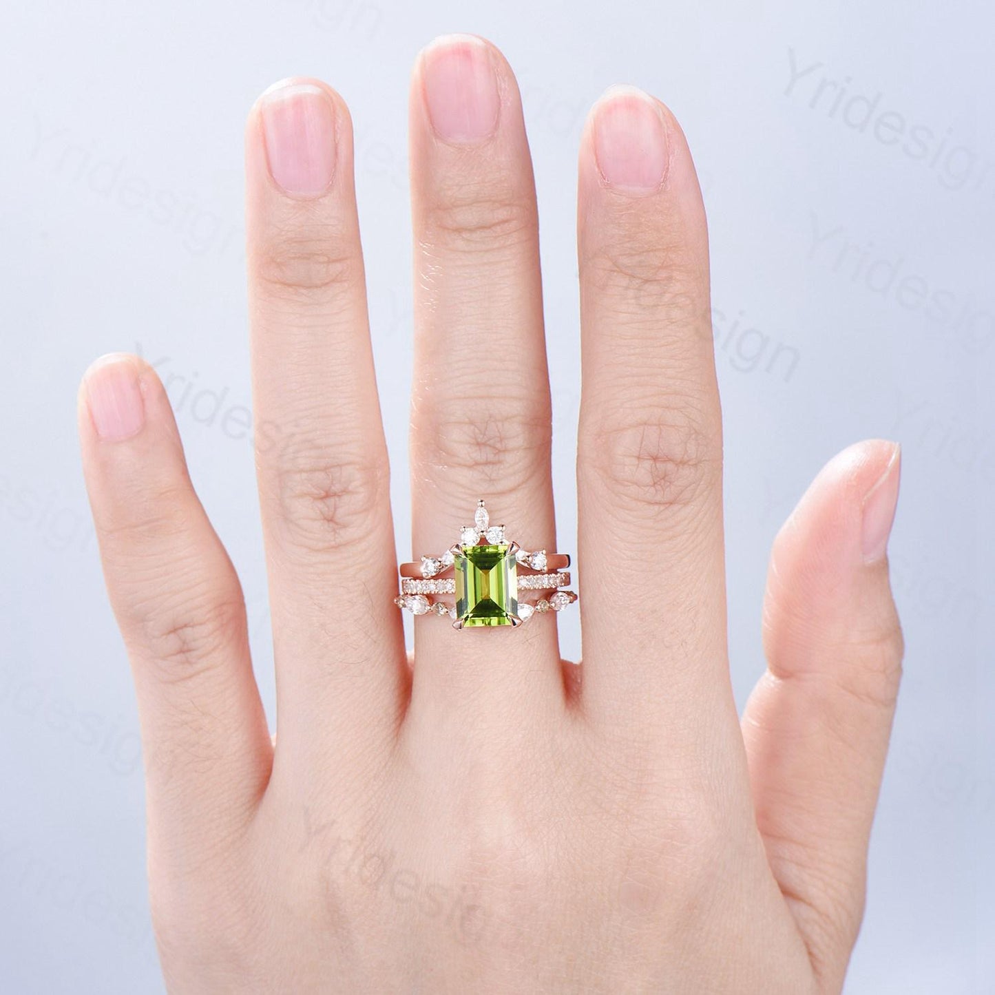 Vintage Emerald Cut Peridot Engagement Ring Set Hidden Halo Basket 3CT Peridot Eternity Bridal Ring Women Rose Gold Anniversary Wedding Set