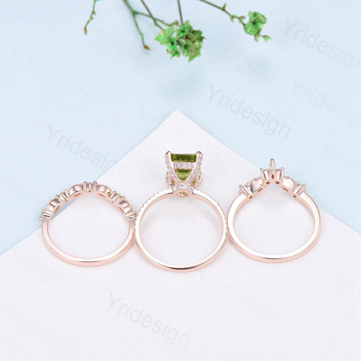 Vintage Emerald Cut Peridot Engagement Ring Set Hidden Halo Basket 3CT Peridot Eternity Bridal Ring Women Rose Gold Anniversary Wedding Set
