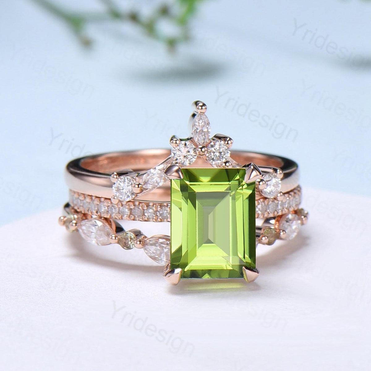 Vintage Emerald Cut Peridot Engagement Ring Set Hidden Halo Basket 3CT Peridot Eternity Bridal Ring Women Rose Gold Anniversary Wedding Set