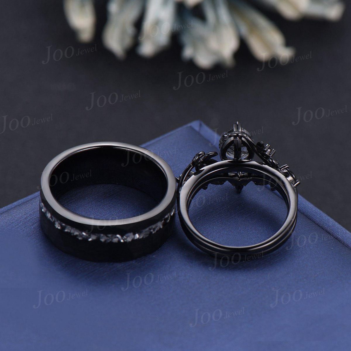 2pcs Galaxy Blue Sandstone Couple Ring Set Nature Inspired Gothic His and Her Black Wedding Ring Set Men No-Fading Tungsten Matching Rings