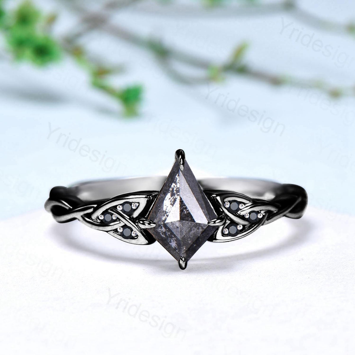 Black Gold Norse Viking Kite Cut Salt And Pepper Diamond Ring Celtic Love Pepper Black Diamond Engagement Ring Vintage Unique Twisted Ring